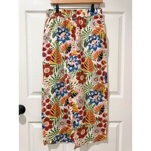 C&C California 100% Linen Wide Leg Cropped Colorful Floral Print Boho Pants Med